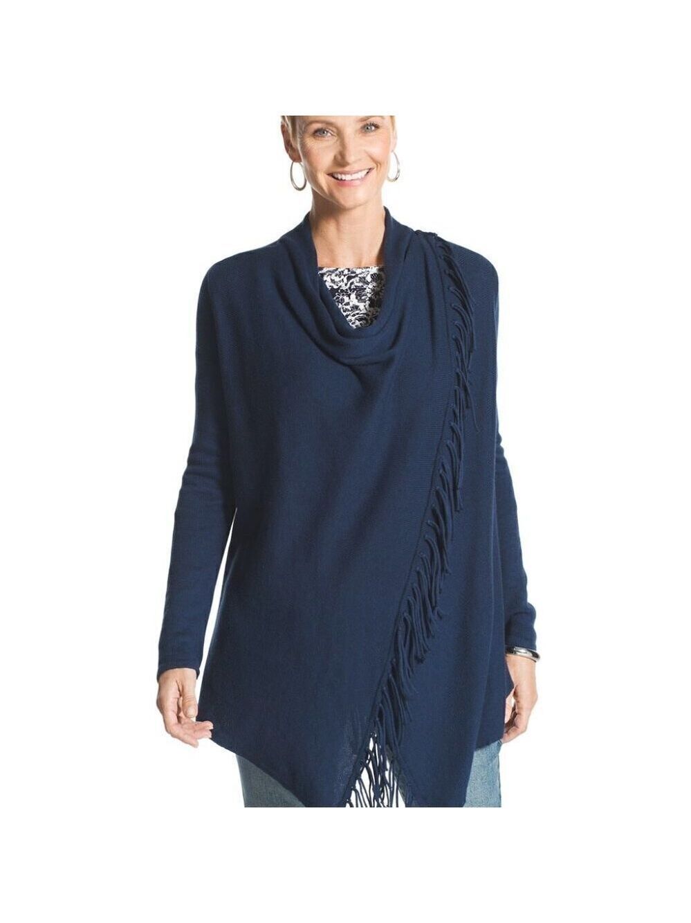 Chico's Navy Blue Fringe Wrap Cardigan Sweater Long Sleeves Chico's Size 0